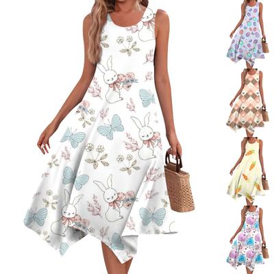 Women's Casual Fashion Round Neck Sleeveless Print Irregular Hem Midi Dress
