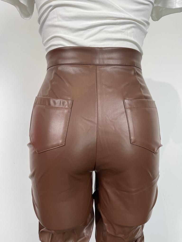 Damen Mode Schlank Geschnittene PU-Leder Lange Hosen, Persönlichkeit Faltbare Micro-Saum Hosen für Damen, Neue Saison