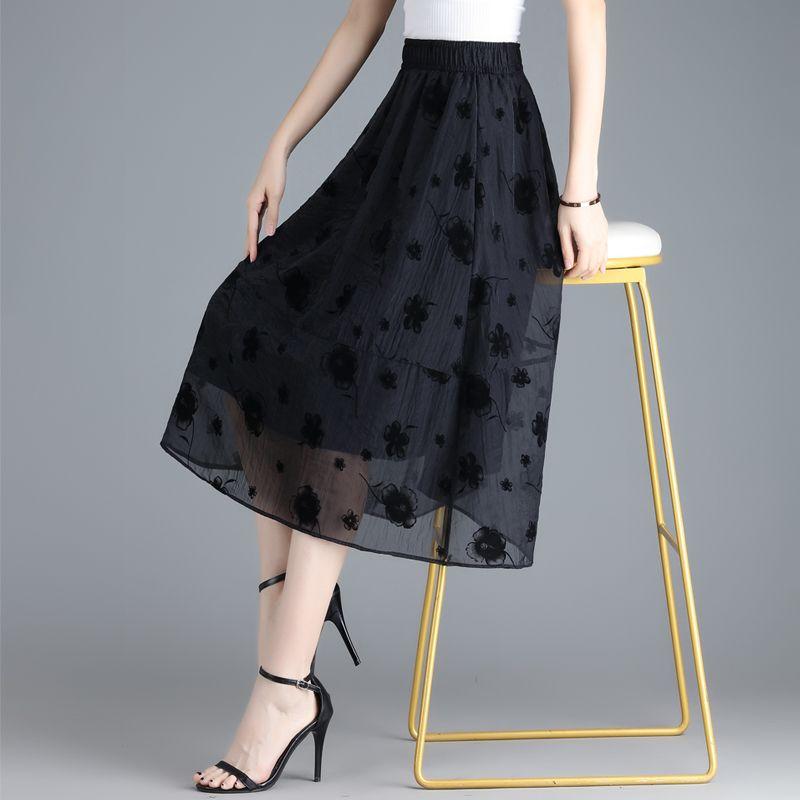 Sommer organza midiskjørt for kvinner Nytt stilig trykt stort svingeskjørt Høyt midje hengende garnskjørt