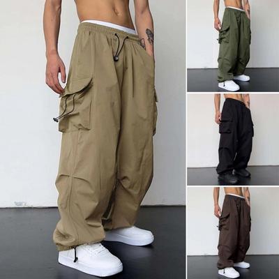 Men Cargo Pants Multi Pocket Oversized Solid Color Elastic High Waist Deep Crotch Ankle-banded Soft Breathable Hip Hop Streetwear Men Long Trousers