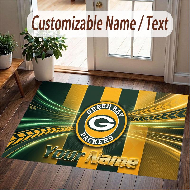 Custom Rug Green Bay Packers Pattern Print Name Text Soft Non‑Slip Floor Carpet for Home Indoor Decoration