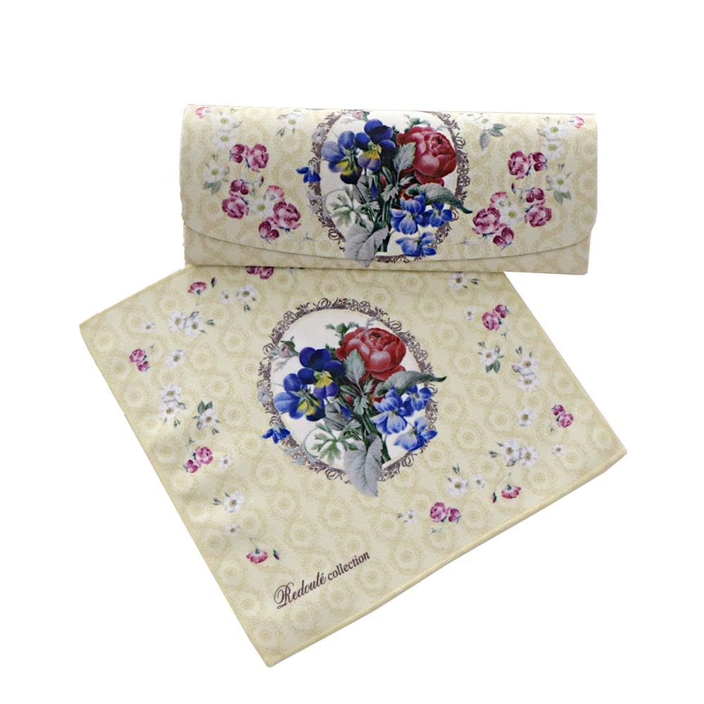 Rose Eyeglass Case with Red Ranunculus Bouquet Design and Made in Hard Case Redouté Cloth, Japan,