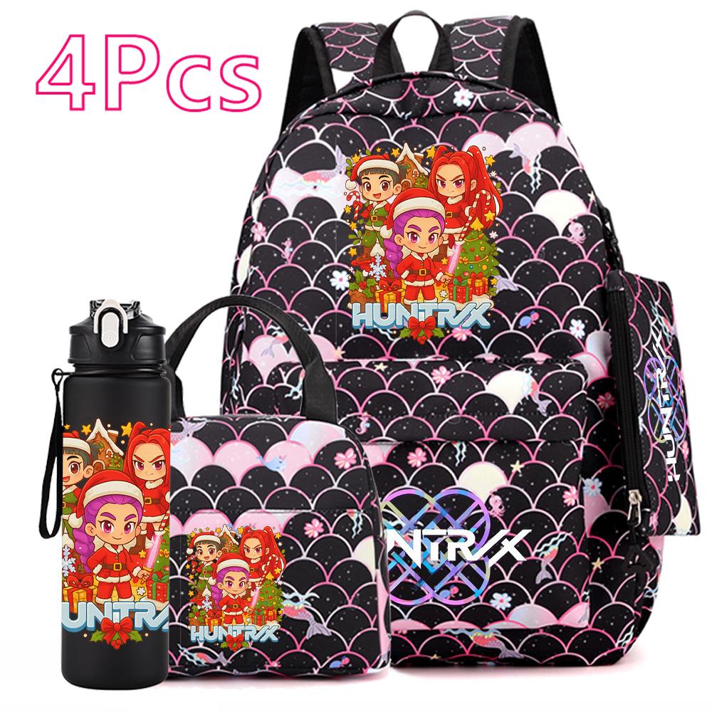 4Pcs/set Christmas Kpop Printed Backpack with Handbag Pencil Case 750Ml Water Bottler for Teenager Boy Girl Large Capacity Bookbag Schoolbag Kid Gift