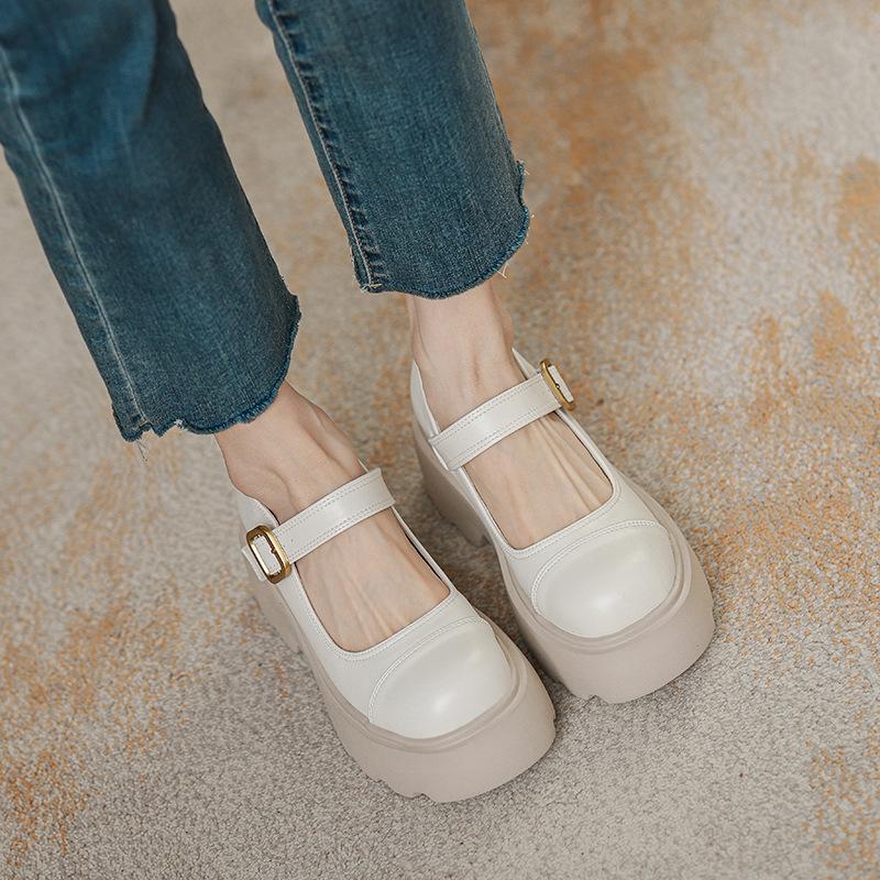 

Mary Jane shoes women s inner height increase platform small leather shoes women s spring new models with skirts women s shoes thick heel high heel 33 абрикосовий