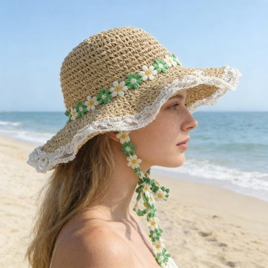 Straw Hat Wide Brim Embroidery Lace Splicing Beach Hat Embroidered Floral Adjustable Chin Strap Summer Sun Protection Hat