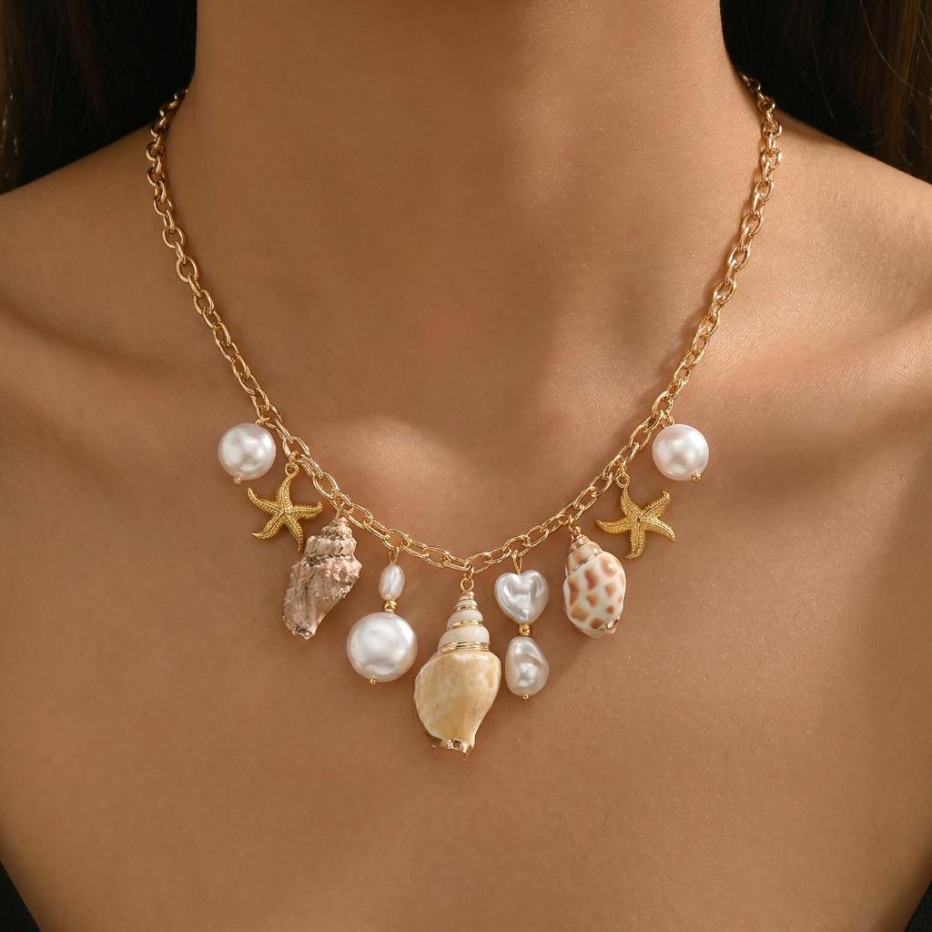 Boho Ocean Style Shell Starfish Conch Pendat Necklace For Women Gold Color Pearl Scallop Metal Chain Choker Summer Beach Jewelry