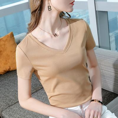 Camiseta branca de manga curta para mulheres, nova camiseta de algodão com decote em V simples, temperamento, cintura que cobre a barriga, top