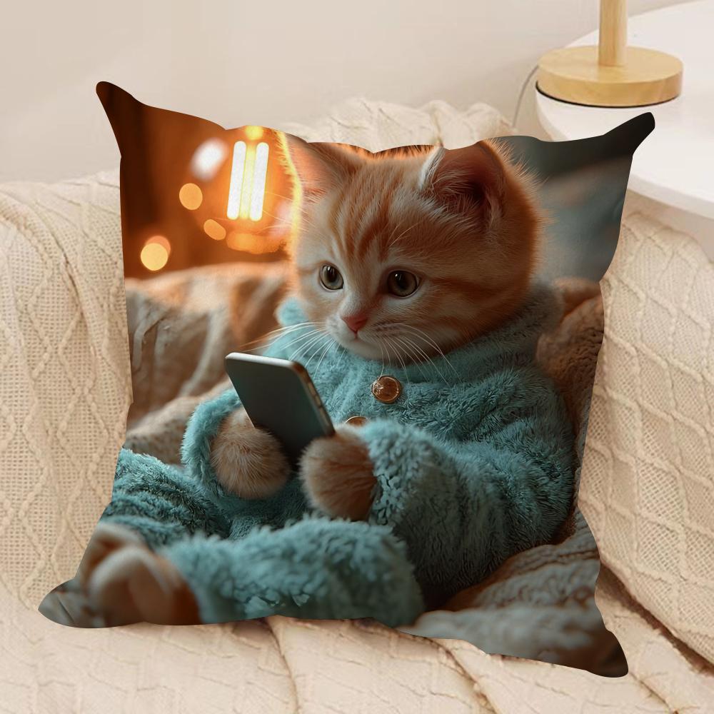 Cute Cat Holding Phone Cushion Cover Silky Short Plush Invisible Zipper Dustproof Sofa Pillow Case For Home Decor