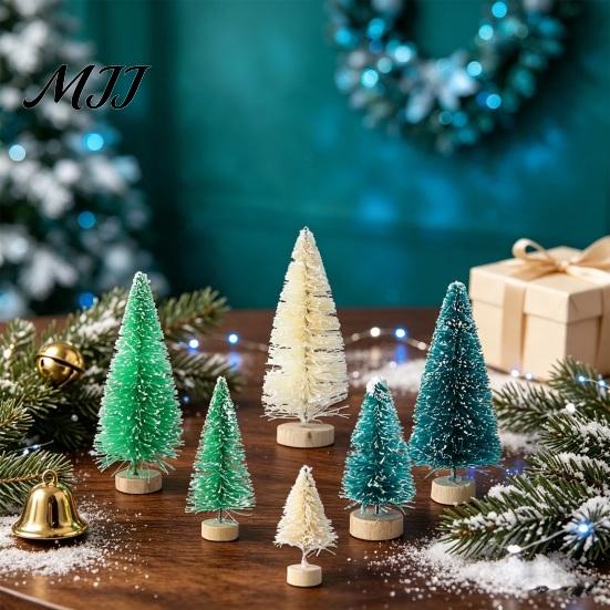 Small Pine Tree for Decor Mini Christmas Bottle Brush Tree, Artificial Miniature Tiny Sisal with Festive Party Ornament Wooden Base, Winter Snow Frost