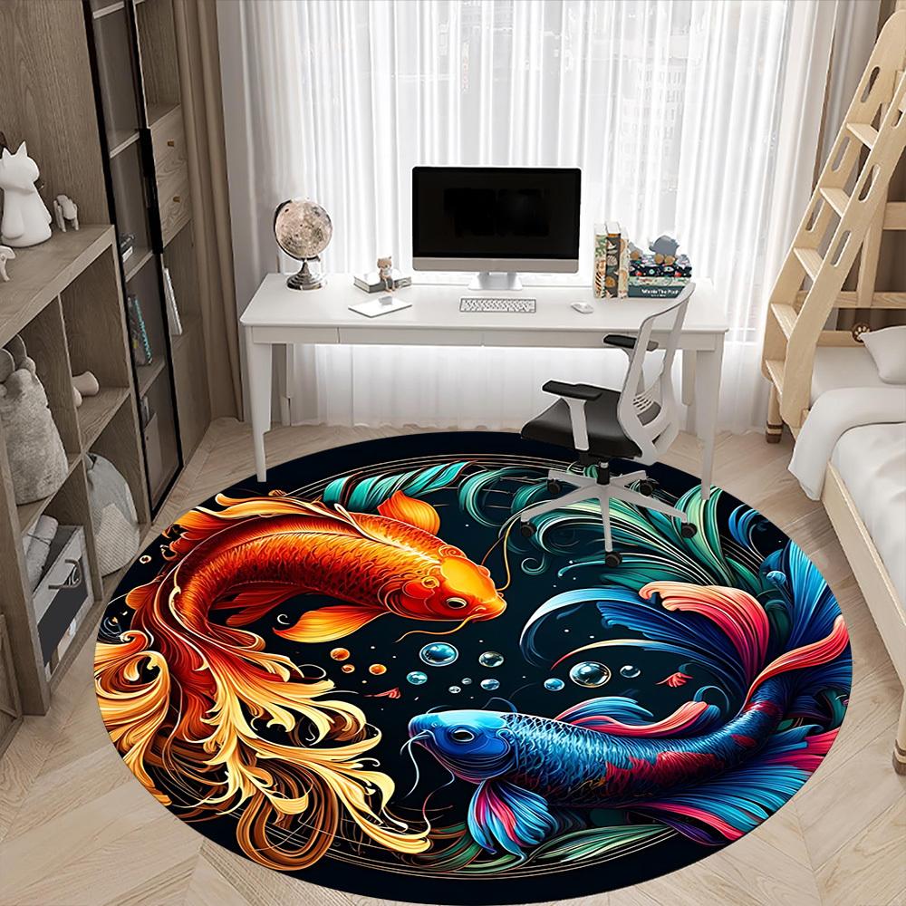 1pc Koi Fish Artwork Carpet, Round Non Slip Durable Large Size Office Carpet, Suitable for Office