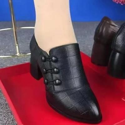 Autumn New High Heels Soft Leather Breasted Low Top Heeled Shoes Dress Women's Pointed Toe Shoes Retro Mom Shoes  Mujer