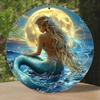 Vintage Mermaid Wall Art 8 Inch Round Aluminum Metal Sculpture Pearl Starfish Ocean Beach Decor for Home Living Room Bedroom