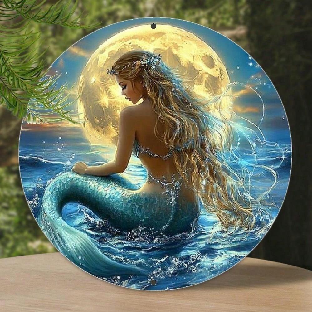 Vintage Mermaid Wall Art 8 Inch Round Aluminum Metal Sculpture Pearl Starfish Ocean Beach Decor for Home Living Room Bedroom