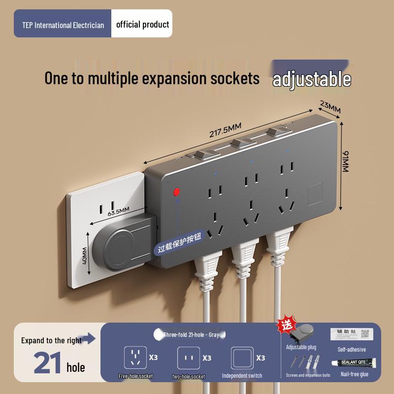 Expandable 86 Type Multi-hole Switch Panel Socket with Surface-Mounted Extension Converter for Household Use.
