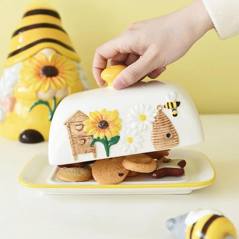 Ceramic Butter Dish Dessert Dish Snack Cake Plate Dishes  Creative Bee Sunflower Butter Plate Home Decoration Ceramic Tableware