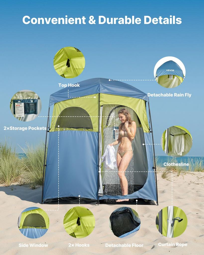 Camping Shower Tent, 2-Room Portable Privacy Tent Changing Room with Shower Bag, Ground Stakes, Ropes, Carry Bag, and Support Poles, 150D Oxford