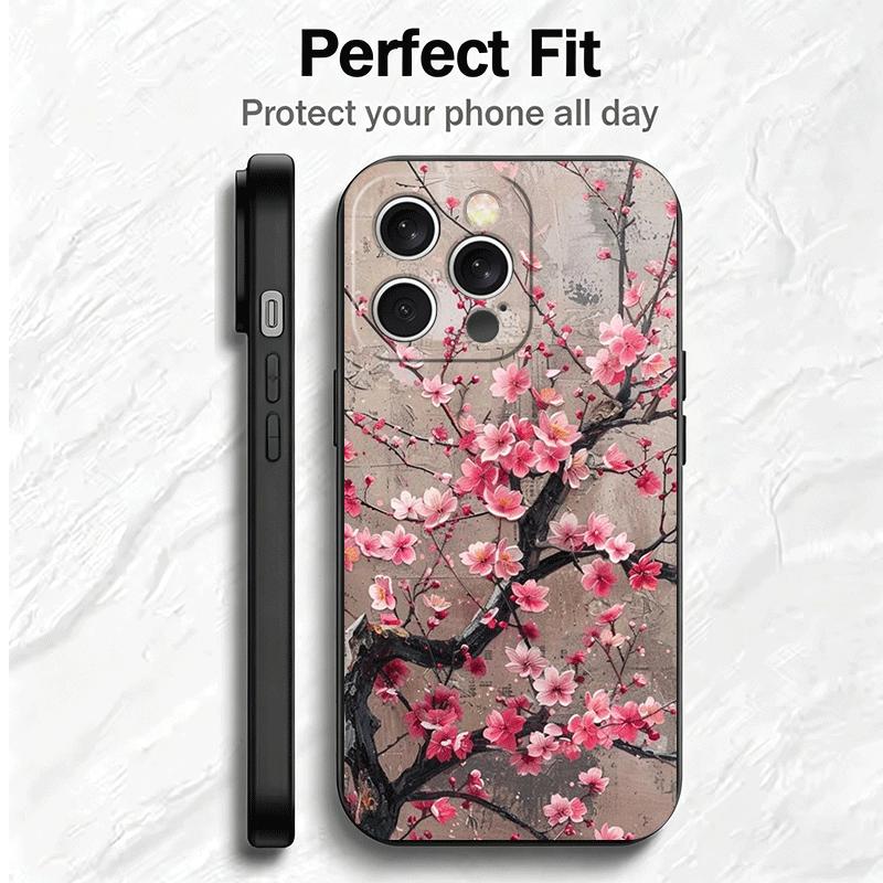 Cherry Blossom Sakura Fashion Soft Phone Case for iPhone 16 16E 17 Air 15 Pro Max 14 Plus 13 Mini 11 12 7 Black Cover Back Shell