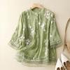 Spring Summer Women Shirt Blouse Spliced Three Quarter Gauze Stand Neck Single-breasted Breasted Folk Embroided Cardigan Tops