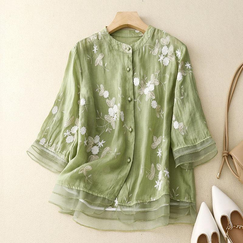 Spring Summer Women Shirt Blouse Spliced Three Quarter Gauze Stand Neck Single-breasted Breasted Folk Embroided Cardigan Tops