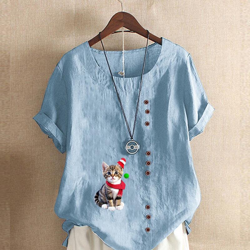 Women's Fashion Cat Prined Short Sleeve T-shirt Loose Cotton Shirt Casual Loose Summer Blouse Tops Plus Size