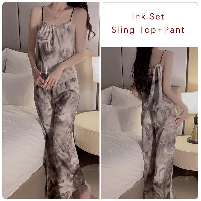 

Ink Sexy пижамный комплект для женщин с принтом Ice Silk топ с бретельками и разрезами брюки кружевной женский пижамный комплект XL