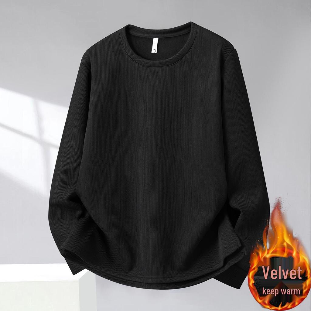 Men's Long-Sleeve Fleece-Lined Hoodie T-Shirt - Solid Color, Round Neck, Plus Size for Spring & Autumn