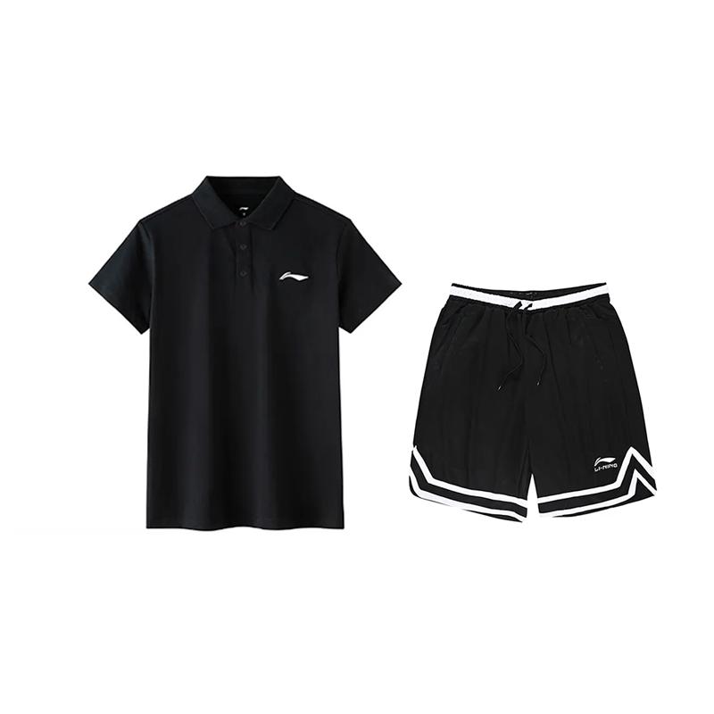 

Li-Ning Solid Color Logo Versatile Comfortable Fashion Short Sleeve Polo Shirt Casual Sports Suit Unisex Polo Shirt Black APLV723-1+YAPV001-1 M