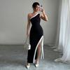 Women Evening Party Sleeveless Single Shoulder Contrasting Color Bodycon Sexy Bandage Split Package Hip Dress
