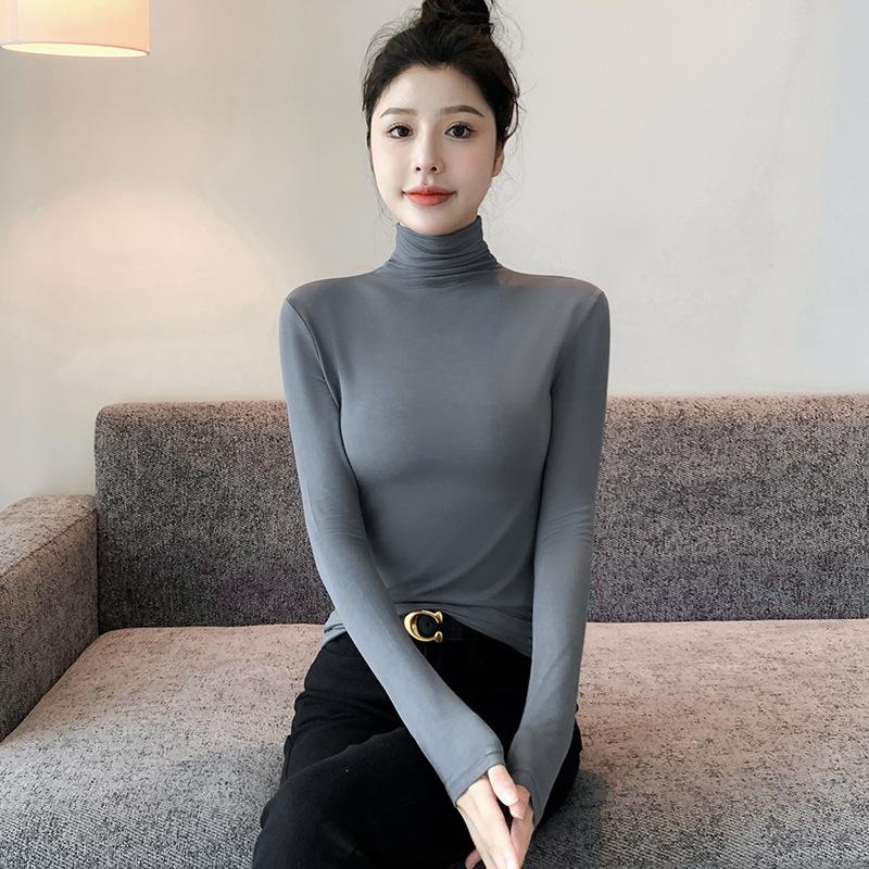 Women's Turtleneck Base Layer Top Long Sleeve for Spring and Autumn Inner Wear with Pile Collar Tight Fit Elegant Slim Fit Underwear
