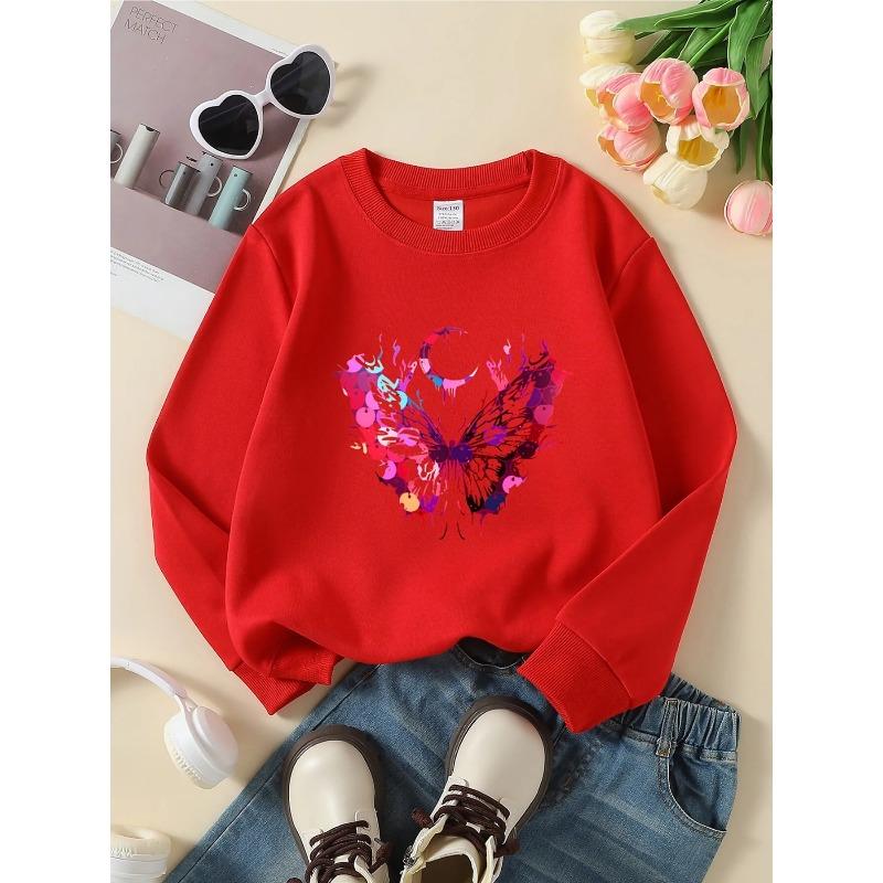 Kids Unisex Crewneck Sweatshirt, Color Splash Butterfly Crescent Moon Art Print Soft Fleece Pullover For Kids Over 4 Years Old