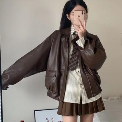 Vintage  Leather Women's Cropped Jacket Loose Fit Korean Style Motorcycle Jacket Stylish Petite Autumn  New Arrival
