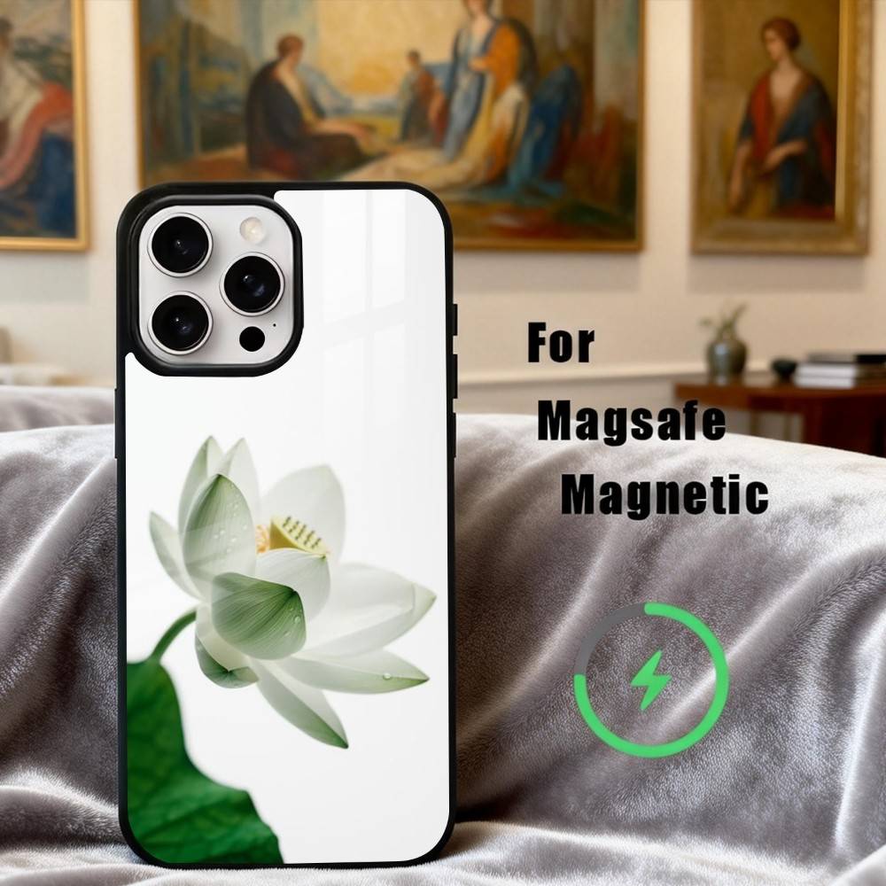 E-Emerald W-White Lotus Phone Case For iPhone17,16,15,14,13,12,11 Plus,Pro Max Magnetic For Magsafe Wireless Charging