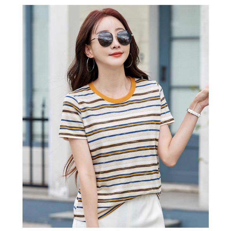 Women Multicolor Horizontal Stripe Crew Neck Short Sleeve Casual T Shirt