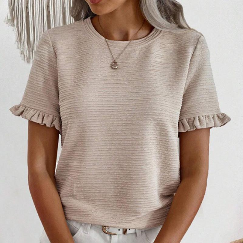 Ladies Summer Ruffles Short Sleeve O Neck Pullover T Shirt Blouse Top