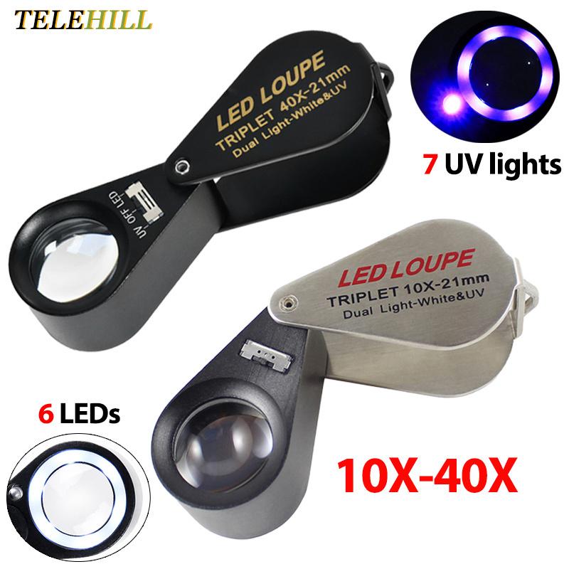 10X-40X Folding Loupe Magnifier Jewelry Magnifying Glass Triplet Lens Optical Glass Illuminated Magnifier with 6 LED 7 UV Lights