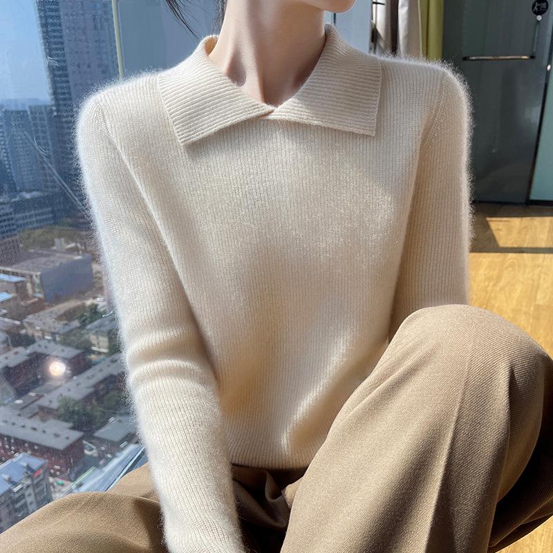 2024 Women's Solid Color Wool Knit Sweater - Autumn/Winter, Round Neck, Soft, Simple, Stylish Lapel Knitwear