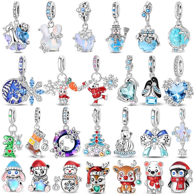 925 Silver Snowflake Snowman Penguin Charm Pendant Winter Jewelry Gift For Women DIY Birthday Present