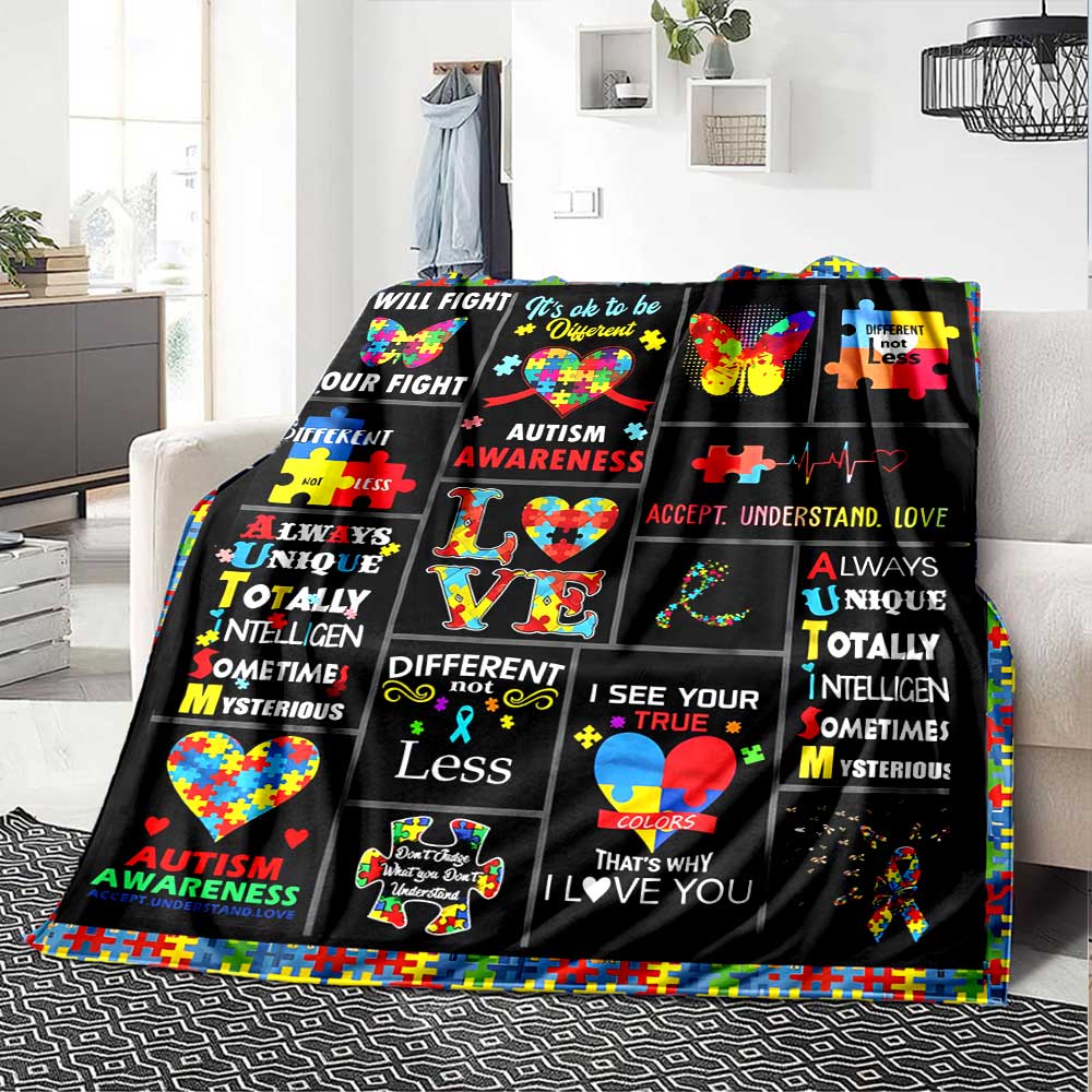 Autism Awareness Quotes Gift Blanket Ultra-Soft for Sofa Couch Office Bed Picnics Four Seasons Universal Digital Print Ideal Picnic Accessory Y47