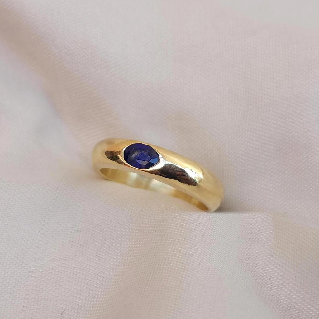 Oval Cut Blue Sapphire Signet 925 Sterling Silver Yellow Gold Overlay Ring Jewelry