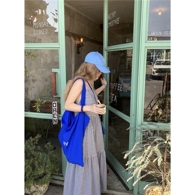 Vintage Summer Waist Tie Slimming Checkered Maxi Dress Ankle Length Skirt For Beach Vacation