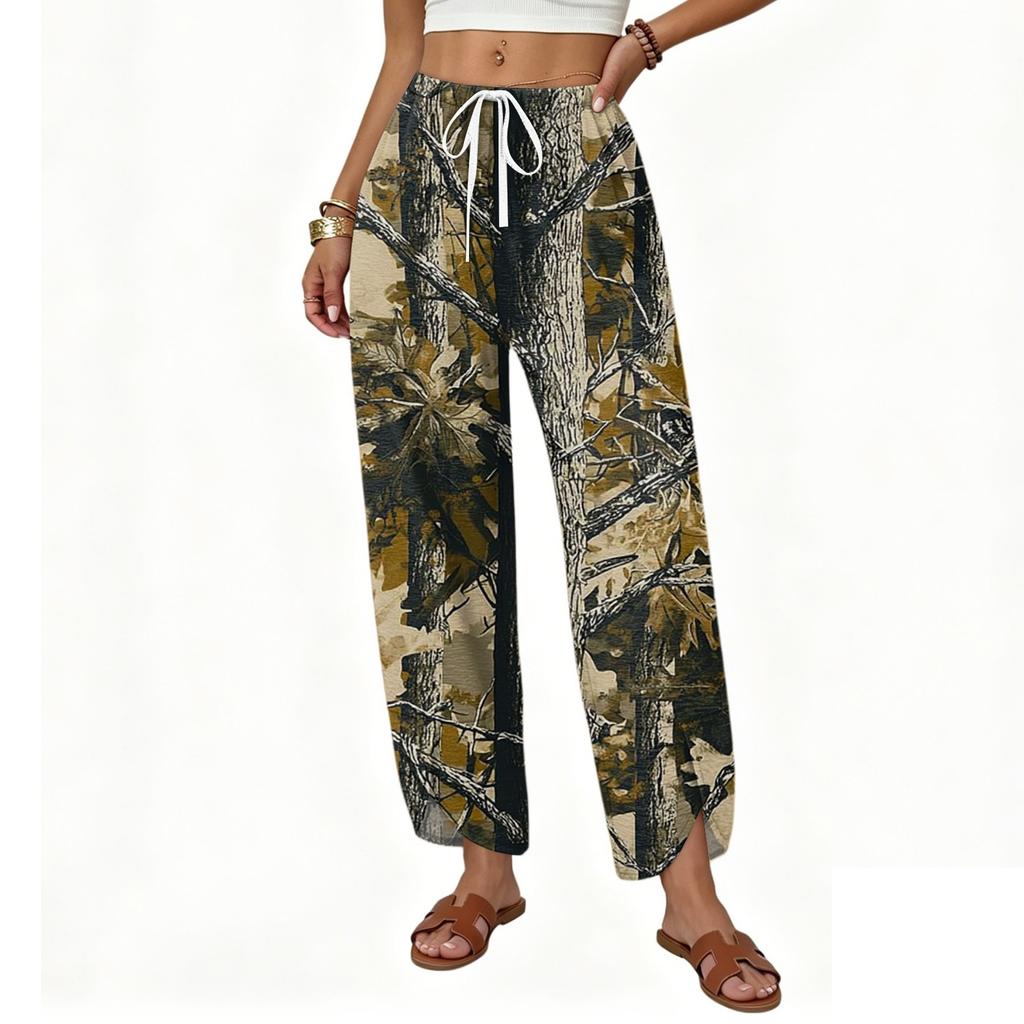 Women's Casual Printed Pattern Wide Leg Pants with Front Button Closure - Loose Straight Fit Trousers for Daily Wear Outfit