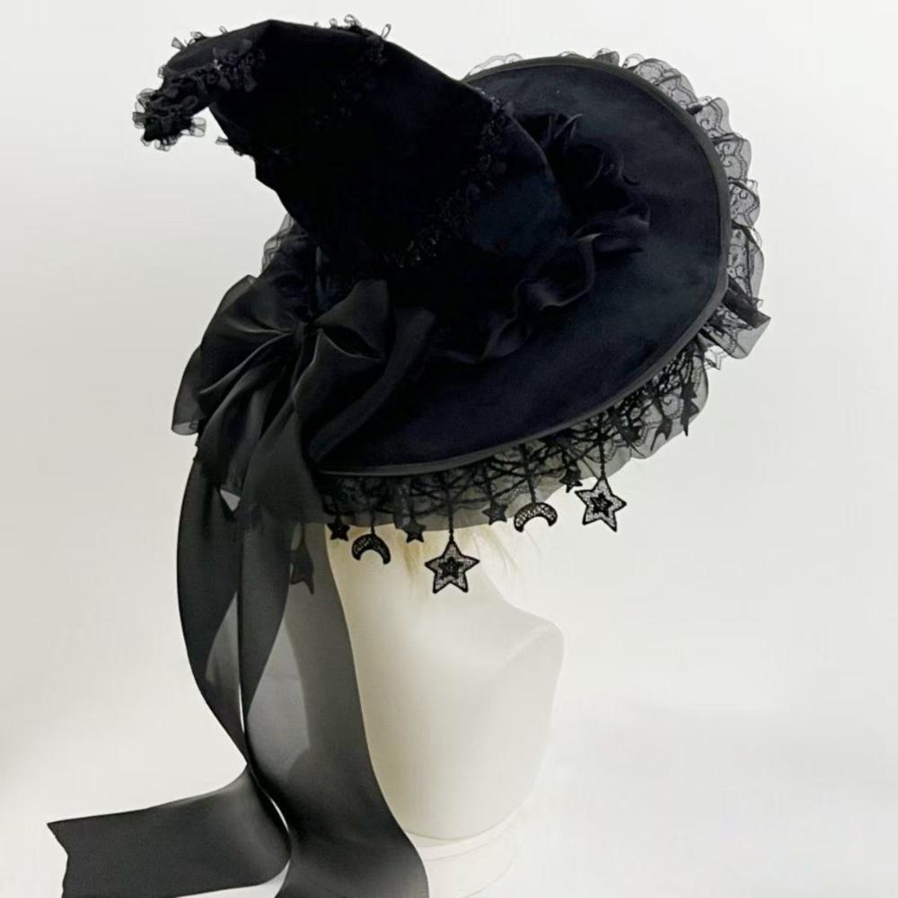 Lace Lolita Witch Hat Bow Ribbon Cosplay Accessories Party Headwear Wizard Cap Women's Costume