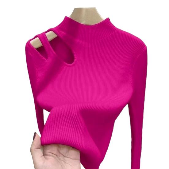 

Женский осенне-зимний топ, толстый вязаный полувысокий воротник с длинным рукавом, облегающий однотонный эластичный пуловер с вырезами, мягкий теплый женский свитер одного размера розы красного