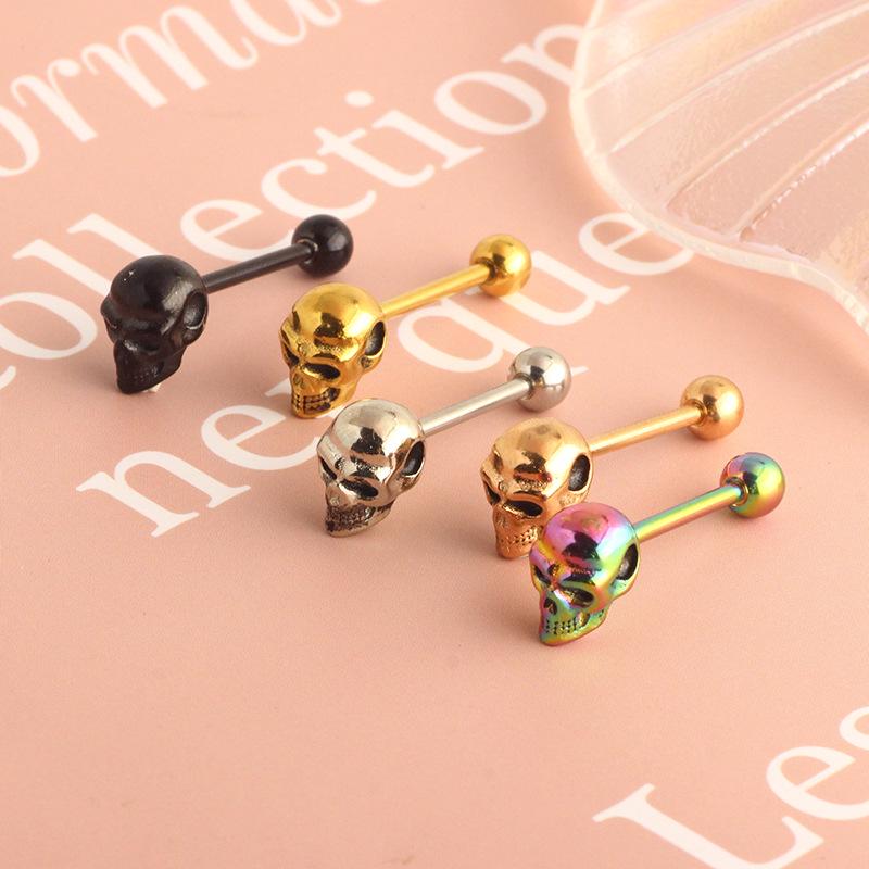 3D Ghost Head Tongue Ring, Stainless Steel, External Thread Barbell, 14g Piercing Jewelry, Available in 5 Colors.