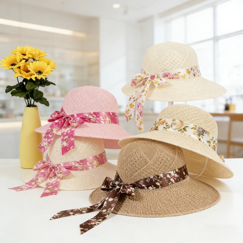 Summer Sun Protection Visor Women's Big-brimmed Straw Hat Streamer Printed Bucket Hat Fashionable Versatile Travel Sun Hat