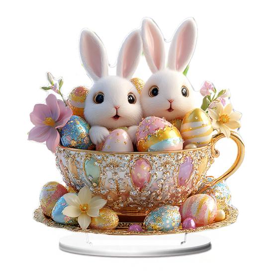 Easter Bunny Acrylic Table Sign 2D Flat Colorful Eggs Rabbit Decoration Home Living Room Valentine's Day Holiday Party Tabletop Ornament
