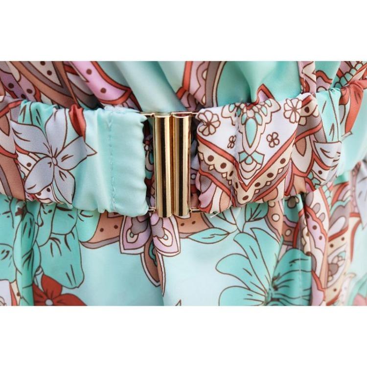 Boho Floral Print Long Dress Elegant Deep V Neck Long Sleeve High Split Swing Dress with Belt Women Beach Dresses Sexy