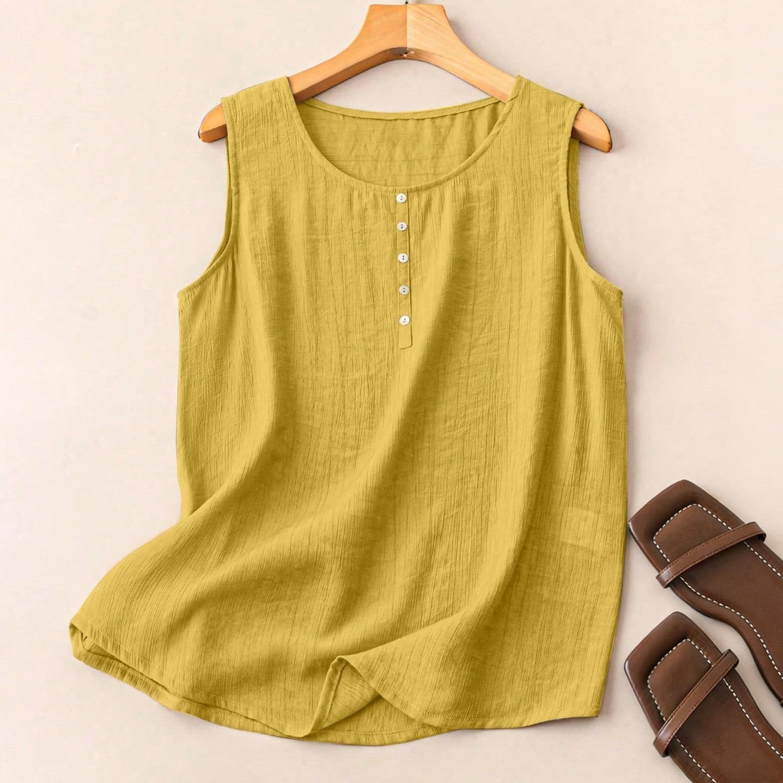 

Women Casual Sleeveless Shirts Loose Cotton Linen Tank Tops XL жовтий