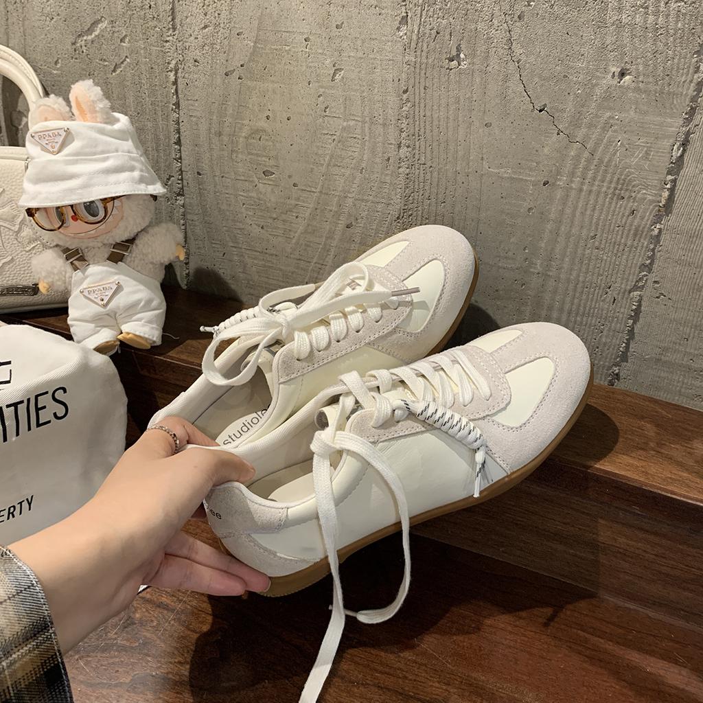 Cowhide Grape Mother with the Same Lace-up Color Matching Round Head Versatile Casual Sports Shoes Women's Genuine Leather Board Shoes Heig