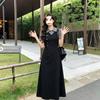 Black Dress Women's Summer Polo Collar Waist and Thin Temperament Versatile Fake Two College Long A-shaped Skirt
